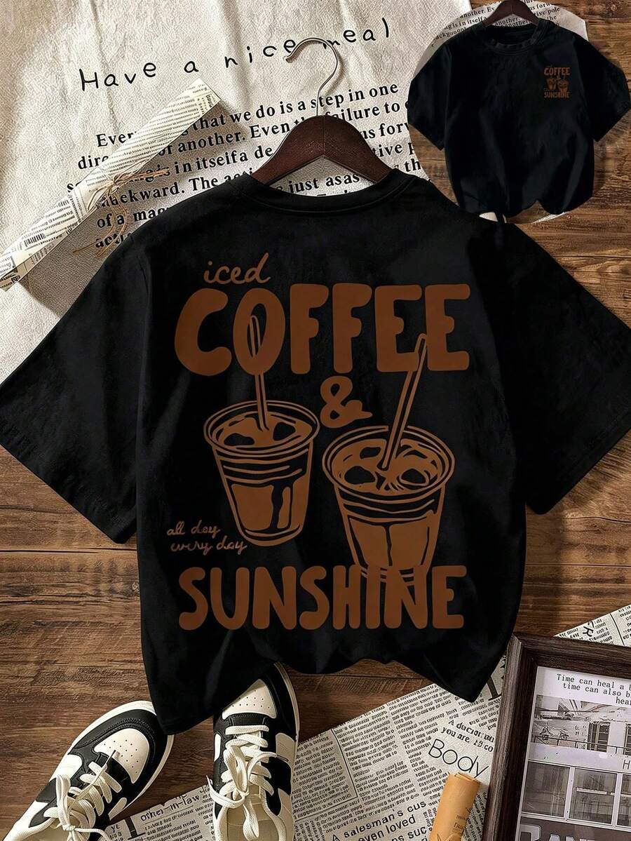 COFFEE CLUB Graphic T-Shirt, Women's Casual Round Neck Short Sleeve T-Shirt, Suitable For Summer, Vacation, Beach