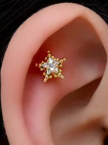 1pc Hypoallergenic Non-Fading Star Stud Earrings 14K Gold Plated Stackable Style Suitable For Upper Ear, Mid-Ear, Outer Ear Helix, Small Ear Cartilage, Anti-Tragus, Cochlear Piercing - A Pair Of Round Beaded  Star Earrings - View 9