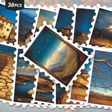 36pcs Mountain Lake Rural Cabin Stickers Pack | Aesthetic Vintage Golden Blue Starry Sky Classical Oil Painting Landscape Graphics | Vinyl For Journaling & Scrapbooking - Rectangle - View 1