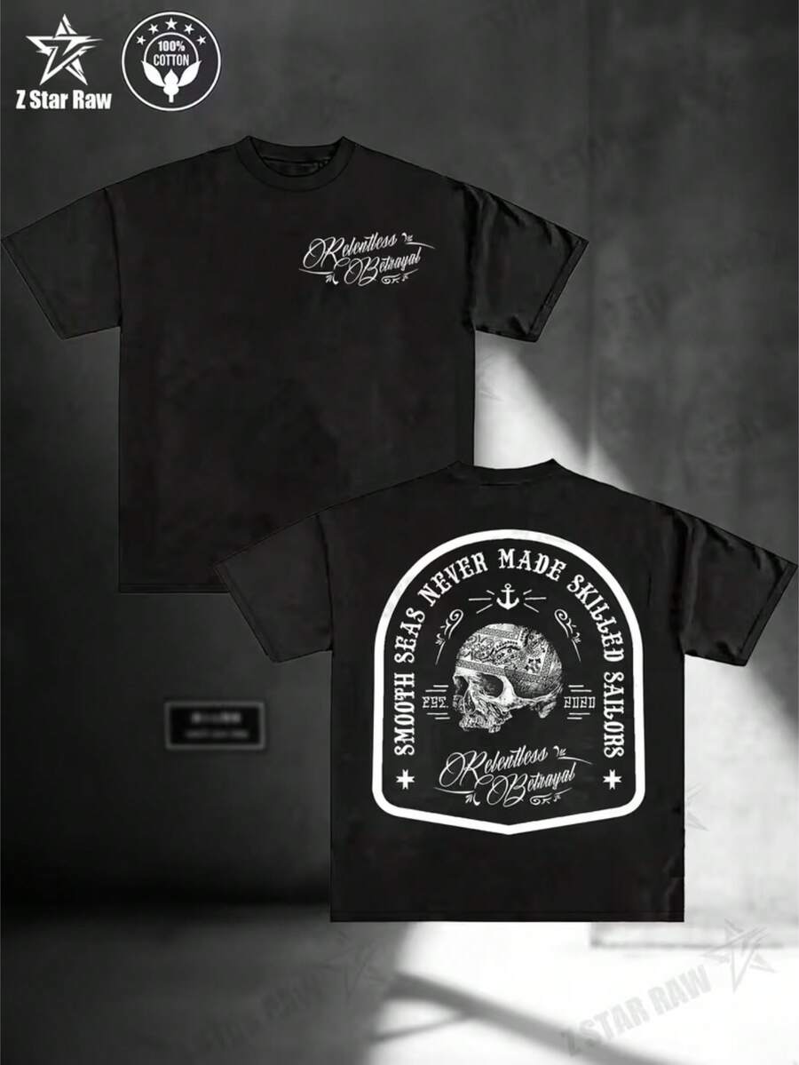 Camiseta de talla - Camiseta de hombre con diseño náutico de calavera y rosa de los vientos, 180g,% algodón - Manga corta, corte holgado e informal, diseño de aventura náutica con - Negro - Ver 1
