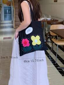 New Cute Patchwork Floral Shoulder Bag, Large Capacity Commuter Vacation Tote Bag, Premium Vintage Embroidered Handbag - Black - View 6