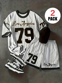 2pcs/Set Baju Atasan Lengan Pendek dan Celana Pendek Bergaris Gaya Baseball untuk Anak Laki-Laki Remaja, Motif Huruf & Angka, Pakaian Kasual Musim Panas untuk Bepergian - Putih - View 1