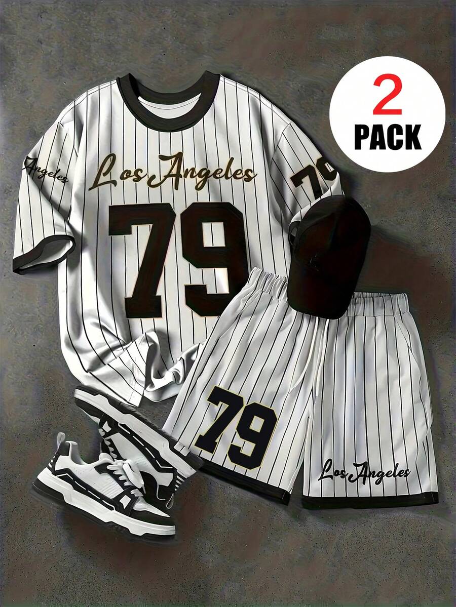 2pcs/Set Baju Atasan Lengan Pendek dan Celana Pendek Bergaris Gaya Baseball untuk Anak Laki-Laki Remaja, Motif Huruf & Angka, Pakaian Kasual Musim Panas untuk Bepergian - Putih - View 1