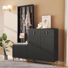 Wardrobe Set With Shoe Bench And Cushion, Wardrobe Front With Hooks, Shoe Cabinet With Drawers And Doors - 黑色 - 查看 6