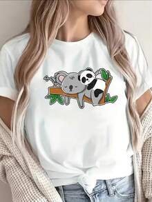 Y2K Style T-Shirt: Women's Cotton T-Shirt, Ideal For Summer Vacations, Lightweight And Durable, With Adorable Koala And Panda Designs, Perfect For Lounging At Home Or Working Out - 黑色 - 查看 7