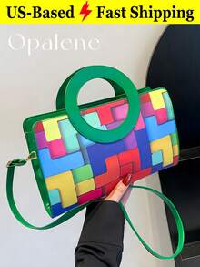 Casual Color Block Ring Handle Mini Handbag For Women Retro Geometric Print Top Purse Classic Square Shoulder Crossbody Bag Black/Green Travel Offices - 綠色 - 查看 1