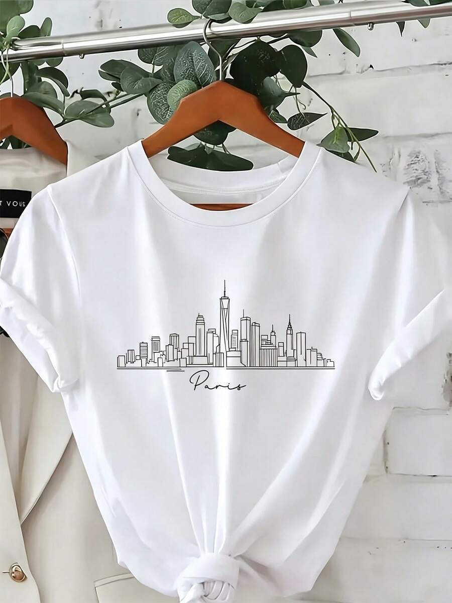 Talla grande, camiseta blanca para mujer, camiseta de manga corta con estampado de ciudades americanas, diseño de líneas simples estilo europeo y americano, material suave, agradable al tact - Negro - Ver 1