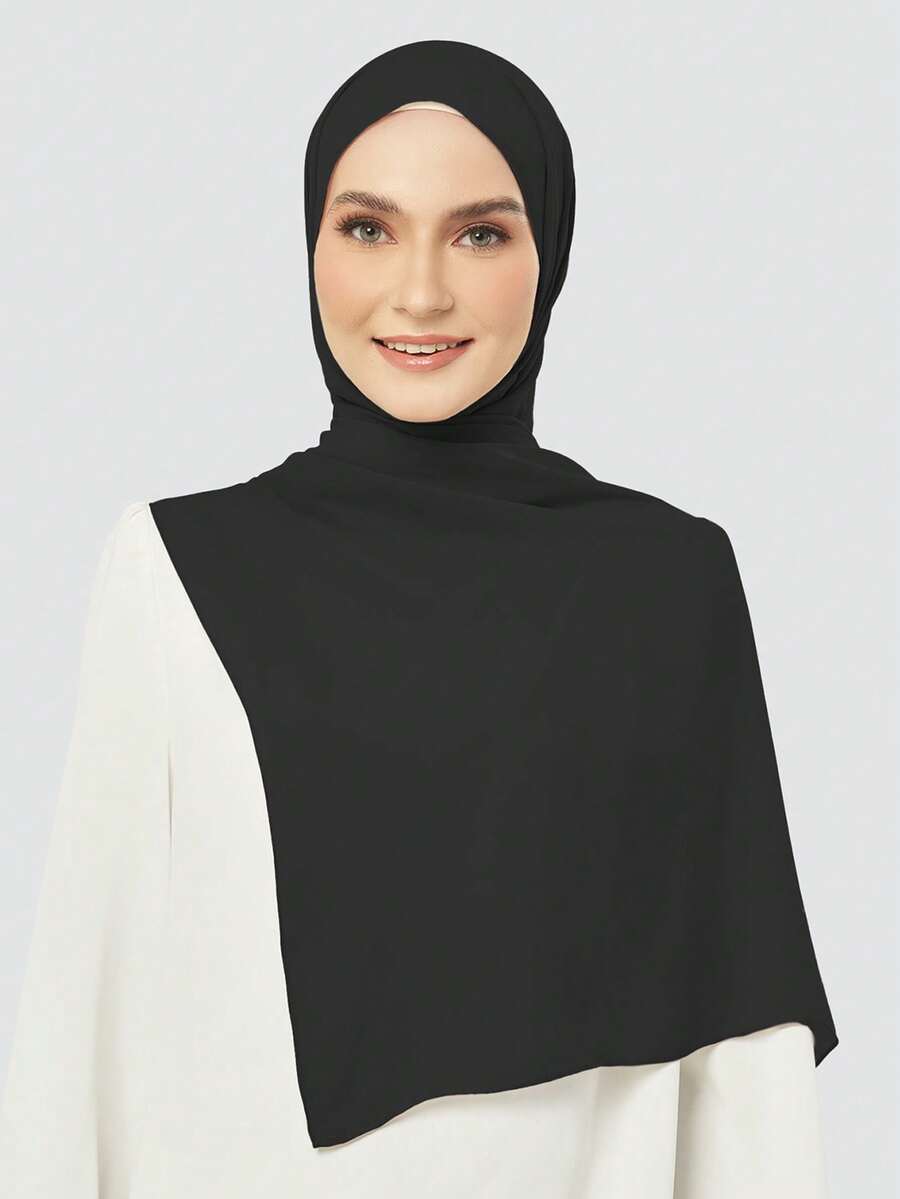 1pc Solid Color Soft Knitted Convenient Headscarf, Elastic Muslim Daily Head Wrap Shawl - Black - View 1