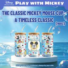 【官方授權】Disney 米奇 16oz 罐狀玻璃杯，附竹製杯蓋與吸管，經典永恆卡通保溫杯，可愛復古冰咖啡飲用杯，適合兒童、成人與 Disney 粉絲的禮物 - 彩色 - 查看 5