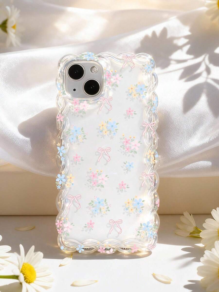 1 pieza Funda de teléfono suave transparente a prueba de golpes de silicona con lazo estilo femenino fresco, patrón floral colorido y volantes ondulados, compatible con iPhone 11/12/13/14/15/16/17 Pro Max - Multicolor - Ver 1