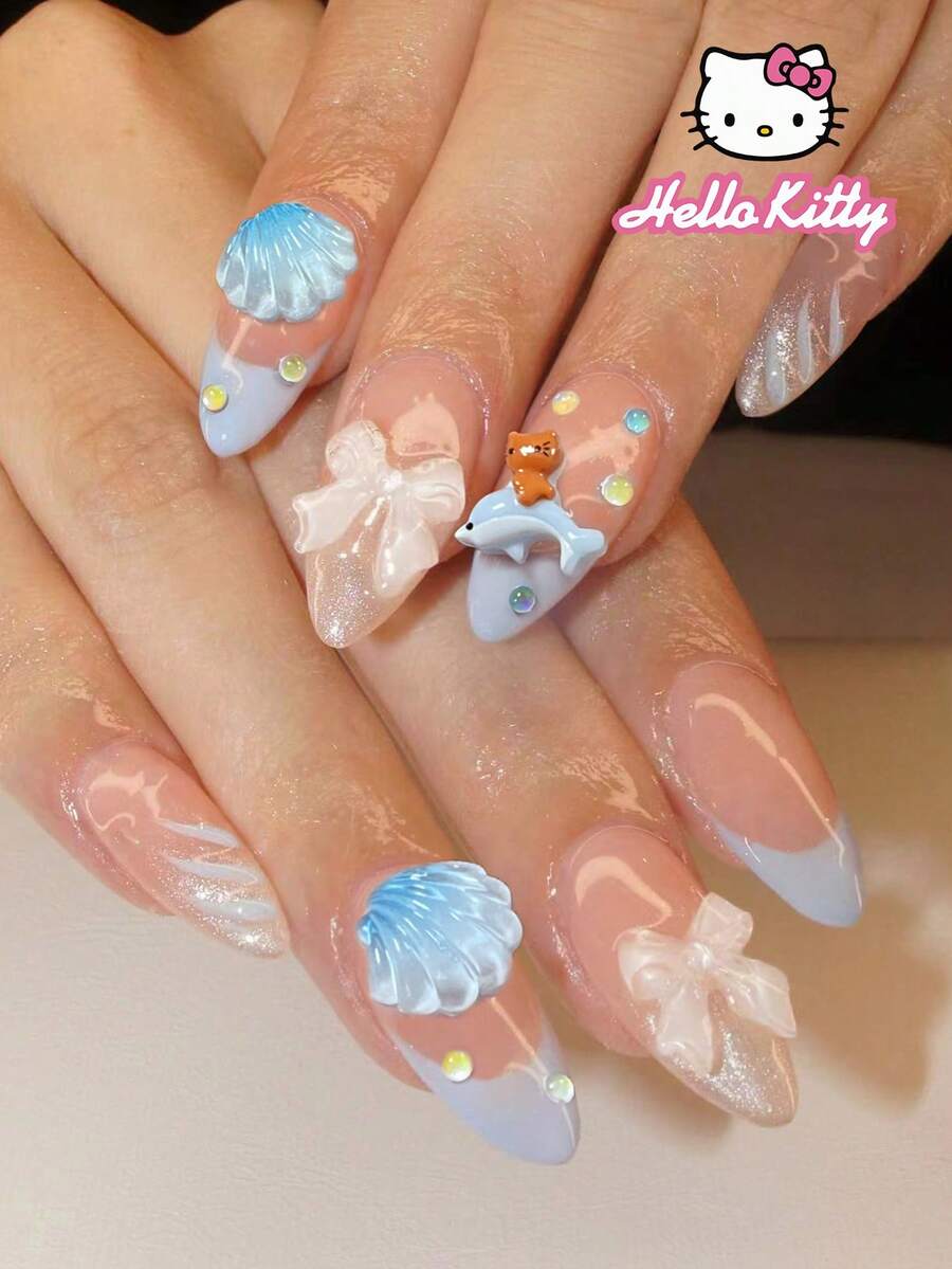 Sanrio Hello Kitty 24片裝 Y2K 杏仁形可愛 3D Hello Kitty 裝飾藍色法式穿戴甲,貝殼、彩色珍珠與蝴蝶結設計,完美貼合壓克力假指甲套組,含 1 瓶果凍膠與 1 個指甲锉,適合女孩派對 - 彩色 - 查看 1