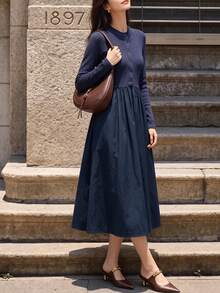 Navy Knit Patchwork Midi Dress Stand Collar Button Long Sleeve Swing Casual Dress Elegant - Navy Blue - View 6
