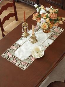 1 Stück Jacquard-Stoff mit Vintage-Rosenstickerei und Cut Out Spitze, Tischläufer, Platzset, kann auf dem Esstisch, Kaffeetisch, als Schrankabdeckung verwendet werden, geeignet für Party, Heimfest, Hochzeit, Feiertagsdekoration und Heimtextilien - Verschiedenfarbig - Übersicht 7