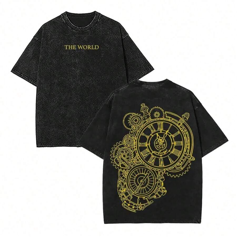 Camiseta unisex 100% algodón lavado vintage, estampado anime estilo Y2K, diseño moderno de moda, tacto suave y confortable, corte holgado, ideal para uso diario y excelente opción de regalo. - Negro - Ver 1