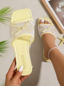 planare Nuevas sandalias planas de mujer de moda de verano elegantes con encaje, malla, lazo decorativo, punta cuadrada y abierta, color amarillo, sandalias de vacaciones para mujer, pantuflas para mujer, chanclas para mujer, sandalias amarillas para mujer, sandalias de playa, sandalias para mujer, sandalias de playa para mujer - Amarillo - Ver 3