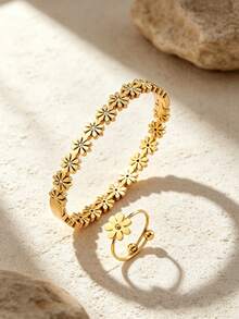 VceTd 1 Set Naturalistic Style Stainless Steel Jewelry Set For Women With Glass Decor Flower Elements, Includes Bracelet And Ring, Suitable For Fashionable Outfits Or Commuting, Perfect Holiday Gift For Female Friends - Yellow Gold - View 9