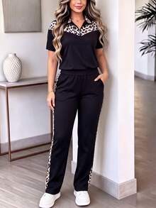 2 piezas Conjunto deportivo con estampado de leopardo para mujer, top de manga corta y cuello alto casual de verano y pantalones con bolsillos, conjunto deportivo - Negro - Ver 3