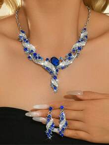 Elegant Blue Diamond Necklace And Earrings Set, Zinc Alloy Shiny Crystal Jewelry, Suitable For Wedding And Evening Party - Royal Blue - View 2