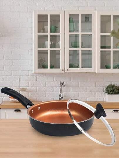 Frigideira Alta 18cm de Alumínio Antiaderente com Tampa de Vidro – Cobre