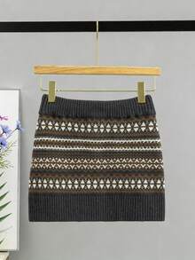 GIGOGOU Women's Fair Isle Knit Mini Skirt, High Waist Drawstring Decor Pom Pom, Warm Fitted Skirt For Autumn/Winter - Coffee Brown - View 6