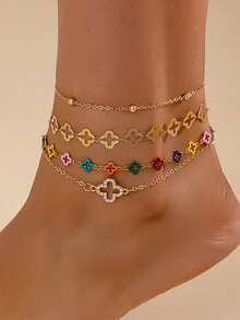 Set Of 4 Fashionable Elegant Vacation Style, Fresh Vibrant, Dopamine Color Hollow Four-Petal Flower Chain, Rhinestone Chain Women's Anklet, Can Also Be Used As Bracelet - Multicolor - View 6