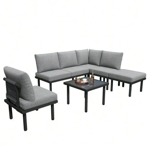 Juego de 6 tumbonas de jardín con estructura de hierro galvanizado, cuerda trenzada beige, patas ajustables y tablero de cristal liso. Incluye cojines para el asiento y el respaldo. - Gris - Ver 1