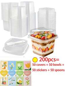 200 Peças Caixas Transparentes Quadradas para Bolo, Pudim e Sobremesa com Tampas, Colheres e Adesivos Decorativos, Caixas Multifuncionais para Mousse de Bolo Adequadas para Frutas, Sorvete, Iogurte, Natal, Halloween, Festas de Aniversário - Visão 14