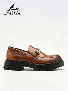 Salkin 新款奢華復古設計男士樂福鞋套腳款，格紋鱷魚壓紋柔軟皮革透氣圓頭正裝鞋，優雅紳士商務休閒鞋，男士日常辦公派對婚禮厚底增高新郎鞋，情侶約會浪漫晚餐節日禮物返校學生鞋，適合四季，建議選擇大一號 - 棕色 - 查看 3