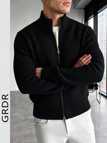 GRDR Men's Crew Neck Long Sleeve Double-Zipper Cardigan Sweater, Versatile For Daily Wear - Black - View 4