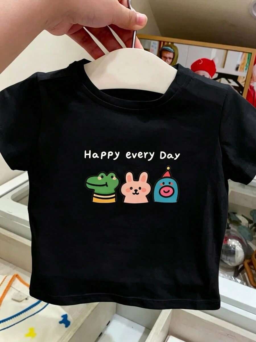 Camisetas de manga corta estampadas, sencillas, informales y bonitas para niños y niñas. - Negro - Ver 1