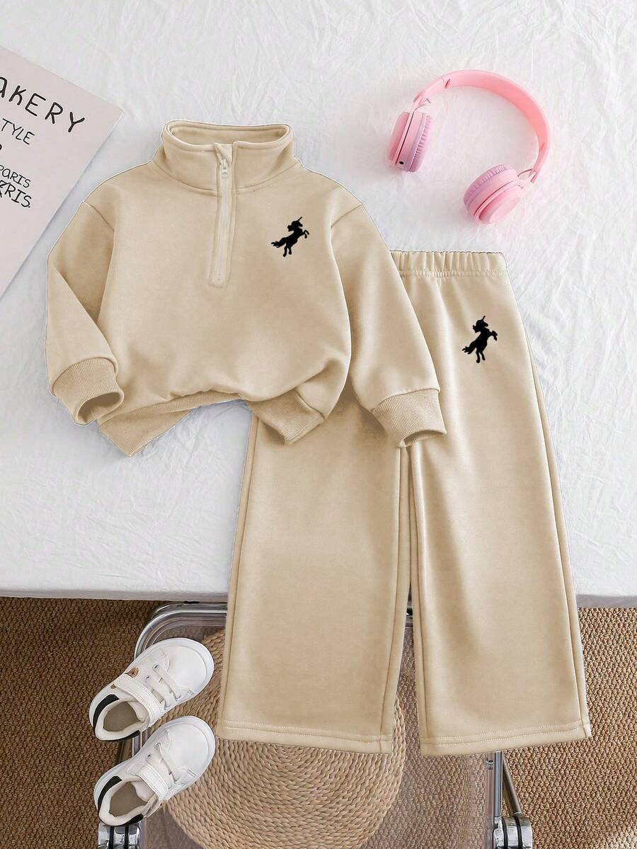 Chatreadl 2 件女童独角兽刺绣纯色卫衣和裤子套装,简约设计,舒适适合春秋冬 - 杏色 - 查看 1