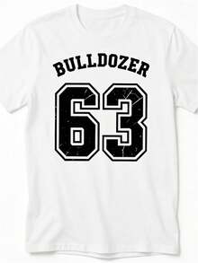 Men'S Black And White Casual Short Sleeve Slim Fit Tee Featuring A '63' Number And Bulldozer Graphic, Designed YearRound Comfort And Easy Washing Men'S Short Sleeve - 後退 - 查看 7