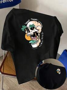Estilo tropical, estampado de calaveras tanto en la parte delantera como en la trasera, nueva camiseta de cuello redondo para hombre, top holgado de moda casual y deportiva, camiseta de mang - Blanco - Ver 6
