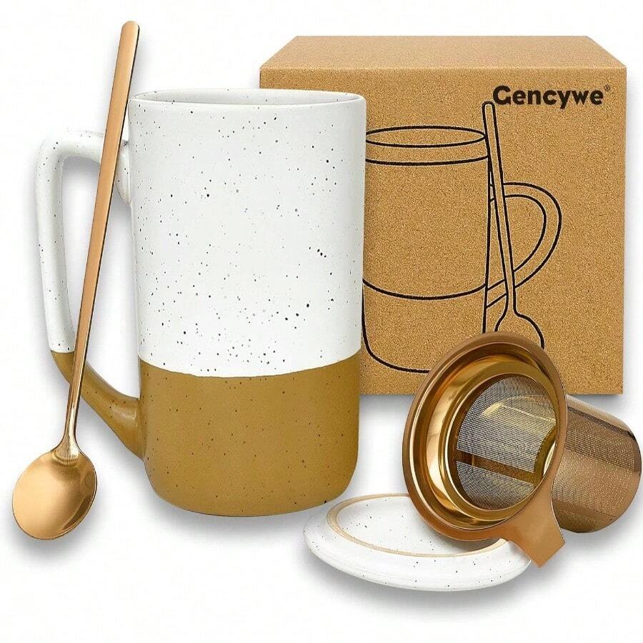 - Taza de t de cermica con infusor de hojas sueltas, cuchara y tapa, taza de caf de 16 onzas, apta para microondas y lavaplatos, esmalte de cermica mate rstico, colador de t - Ámbar - Ver 1