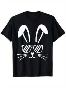 Camiseta de hombre negra con estampado de conejo de Pascua y gafas,% algodón, corte regular, manga corta, estilo casual, lavable aáquina, adecuada para salidas de primavera y verano y - Negro - Ver 1