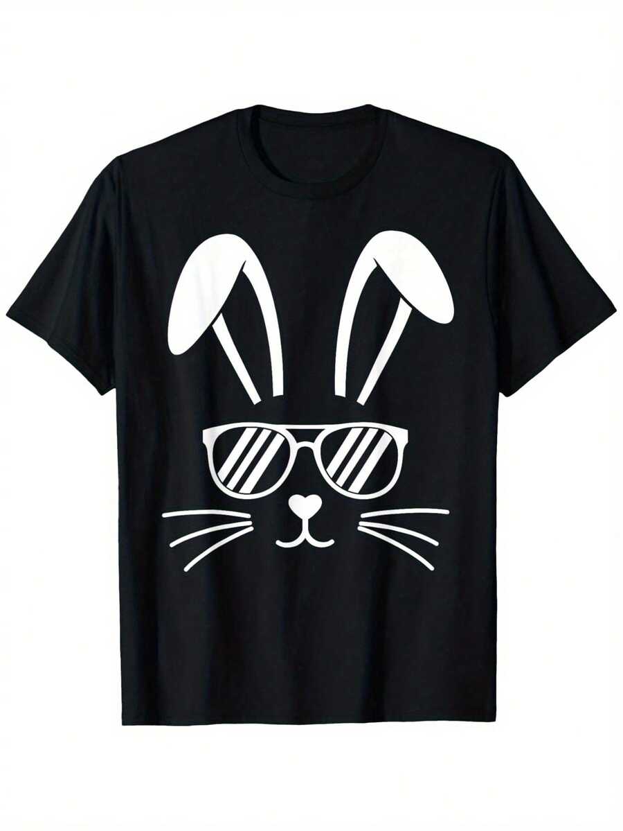 Camiseta de hombre negra con estampado de conejo de Pascua y gafas,% algodón, corte regular, manga corta, estilo casual, lavable aáquina, adecuada para salidas de primavera y verano y - Negro - Ver 1