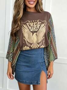 Women's Vintage Eagle Graphic Color Block Patchwork Batwing Long Sleeve Top, Boho Paisley Floral Print Oversized Casual Blouse For Women - 彩色 - 查看 5