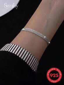 SYMFNY Minimalist Wide Band 925 Sterling Silver Basic Chain Bracelet - Silver - View 2