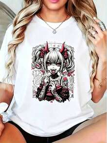 Women's Clothing Women's Gothic Anime Graphic Print Cotton T-Shirt, Short Sleeve, Round Neck, Regular Fit, Grunge Style, Women's Shirts - 白色 - 查看 2