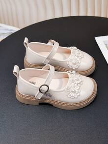 Spring/Autumn New Girls' Princess Shoes With 3D Petal And Pearl Decor, Soft Sole, Breathable, For Party And Banquet - Beige - View 6