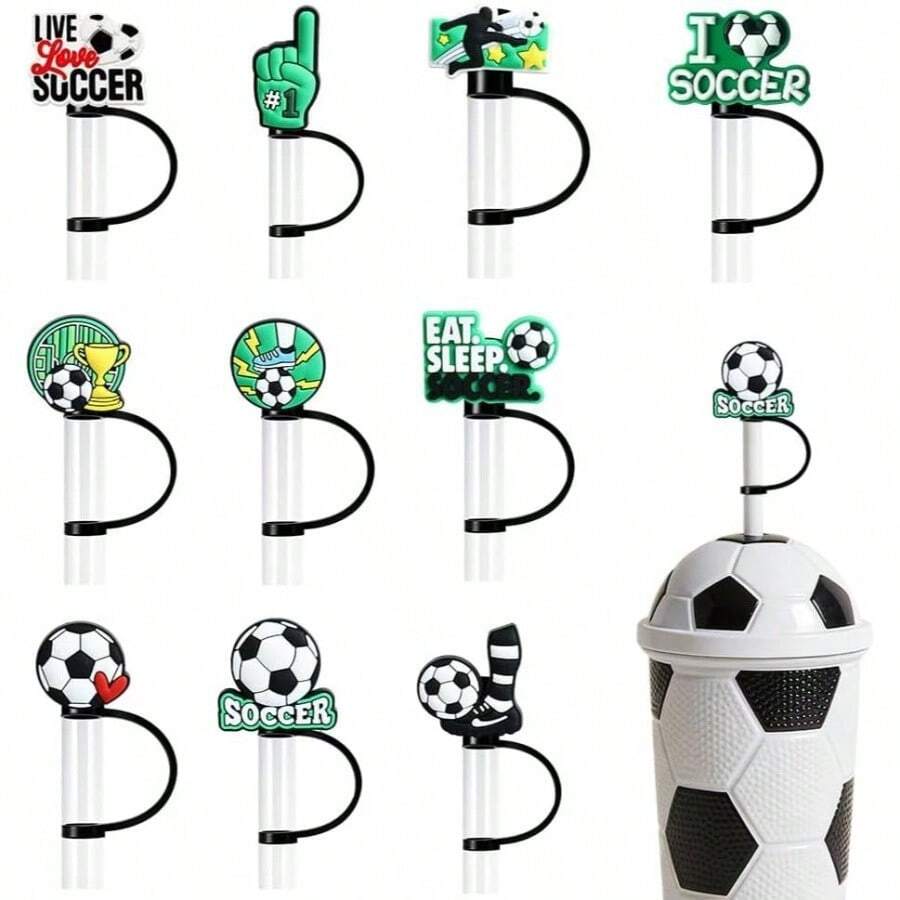 10 fundas de silicona para popotes de ftbol para vasos de 30 y 40 onzas, con temtica deportiva, tapas reutilizables de 10 mm, para accesorios de copa - Verde - Ver 1
