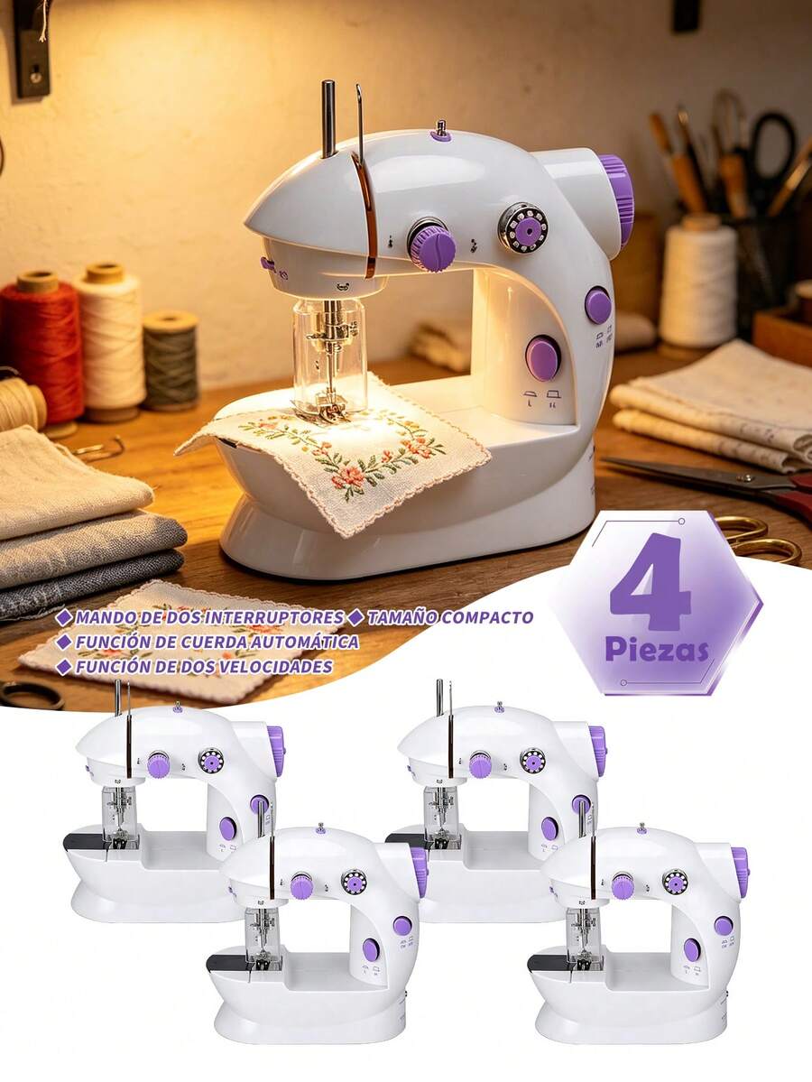 4 Pieces Mini Electric Sewing Machine, Portable Sewing Machine With LED Light, Patchwork Function, Button Sewing, Zipper, Cylinder Sewing, Electric Sewing Machine, Mini Micro Handheld Sewing Machine For Clothes, Pedal And Night Light, Dual Speed And Dual Switch. - 查看 1