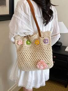 Dedoo Women's Handmade Woven Granny Square Colorblock Large Capacity Tote Bag - Beige - View 5
