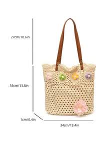 Dedoo Women's Handmade Woven Granny Square Colorblock Large Capacity Tote Bag - Beige - View 4