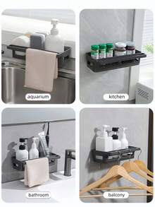 1/2pcs No-Drill Wall Mounted Storage Shelf, Universal Kitchen & Bathroom Organizer Rack, Bathroom Toiletries & Kitchen Seasoning Multifunctional Organizer, Detachable Towel Hook & Drip Tray, Kitchen & Bathroom Cleaning Tool Storage - Black - View 7