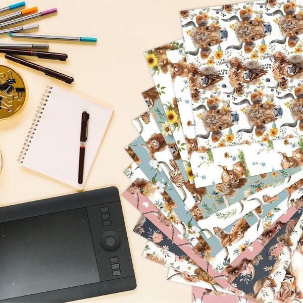 24 tờ giấy trang trí scrapbook chủ đề bò cao nguyên, 12 mẫu, 11.8*11.8 inch, giấy nền DIY làm nhật ký collage, phong cách vintage đồng quê, vật liệu thủ công phù hợp cho scrapbook, bullet journal, trang trí gói quà