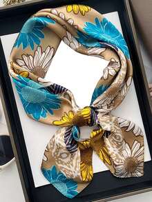 1件仿絲印花正方形圍巾頭巾髮帶 時尚多功能小領巾 適合日常使用 - 彩色 - 查看 2