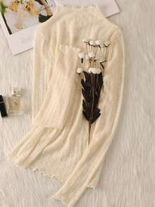 Women's Semi-High Neck Lace Undershirt, Thin Long Sleeve Autumn/Winter New Sweater Inner Layer, High-End Mesh Top Casual - Apricot - View 2