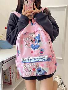 Disney Lilo Stitch & Angel 印花後背包，可愛大容量學生書包，適合青少年女孩休閒日常使用，防水輕量學生後背包 - 彩色 - 查看 9