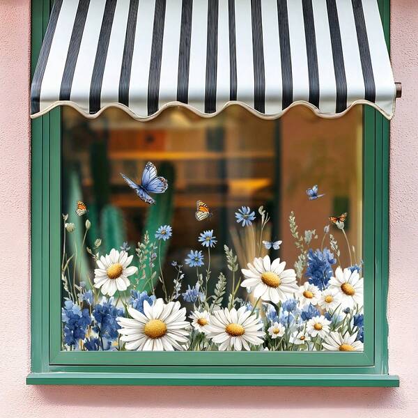 1/3/5pcs Spring Summer Floral Static Window Sticker, Watercolor White Daisy Blue Wildflower Flying Butterfly Design Glass Decal, Removable Waterproof Decal Rustic Botanical Style Home Decor For Kitchen Bathroom Office Housewarming Present.